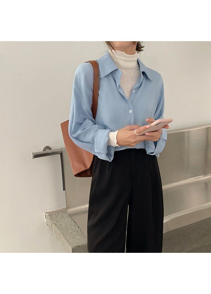 2021 new Korean blue shirt women's design career shirt loose long sleeve top