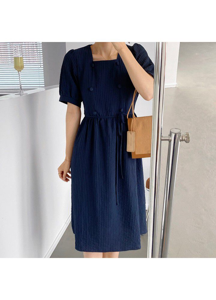 Taochuan Korean dress women's summer 2021 V-neck pleated bubble sleeve waist show thin temperament solid color long skirt 8187