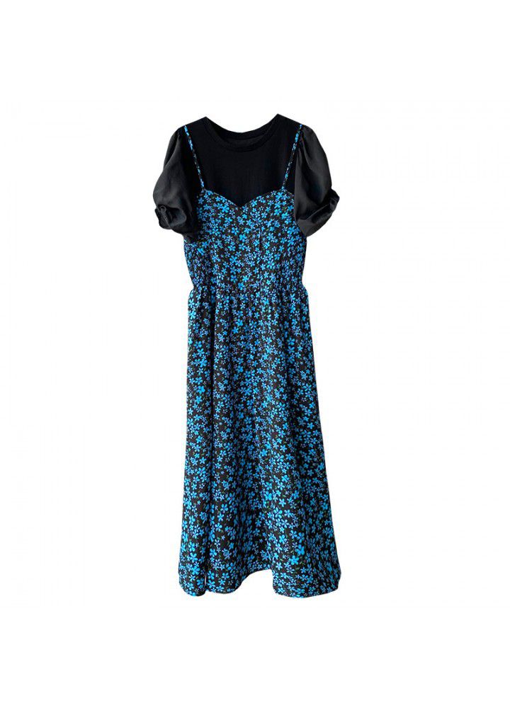 Taochuan two piece floral suspender skirt women's 2021 summer bubble sleeve T-shirt temperament gentle long dress 5176