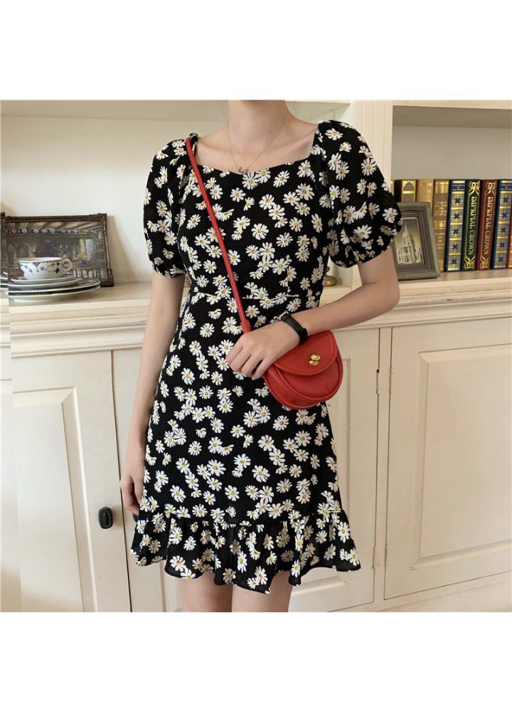 2021 summer new small bubble sleeve dress women's collar medium long short sleeve floral Daisy skirt