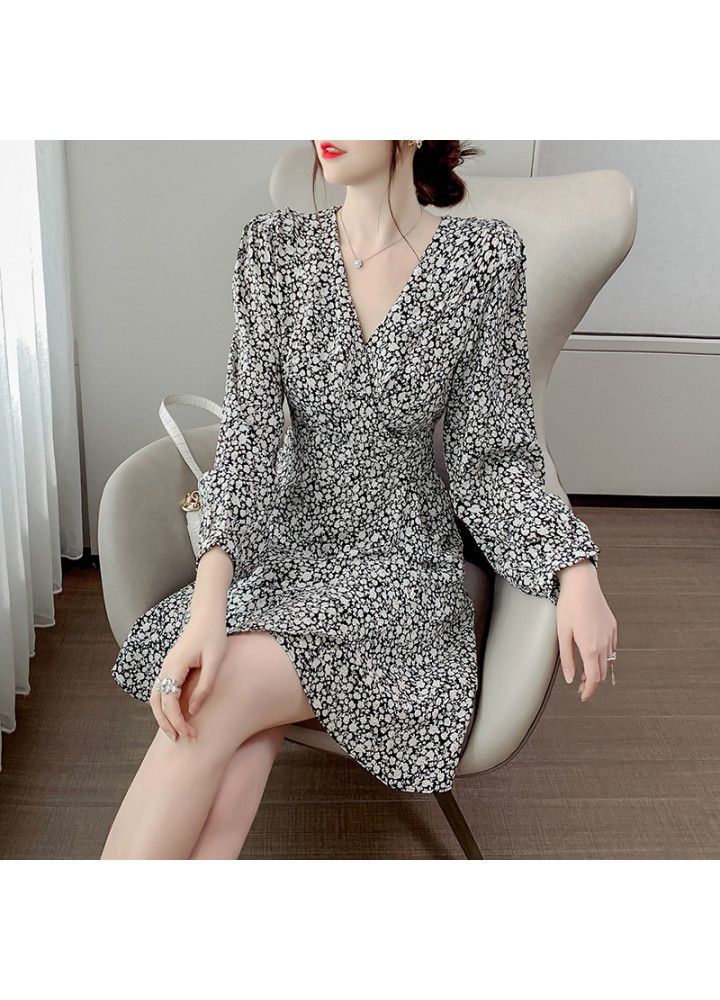 2021 spring and summer new fashion V-neck small fresh retro printed floral skirt Long Sleeve Chiffon dress for women