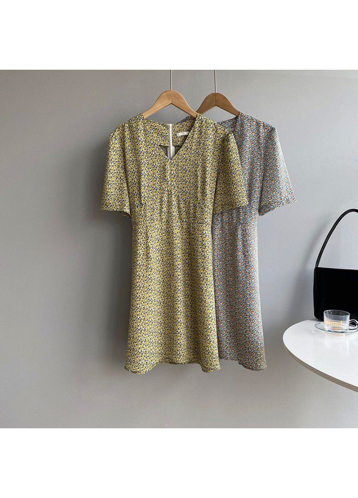 Taochuan French V-neck floral dress women's 2021 summer short sleeve bandage show slim short skirt 5133
