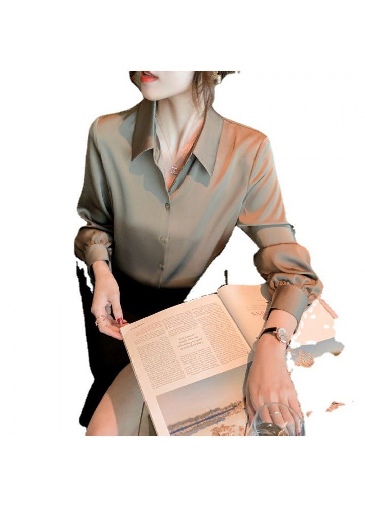 Real shot 2021 spring new long sleeve top Satin shirt women's design sense minority chiffon shirt professional shirt