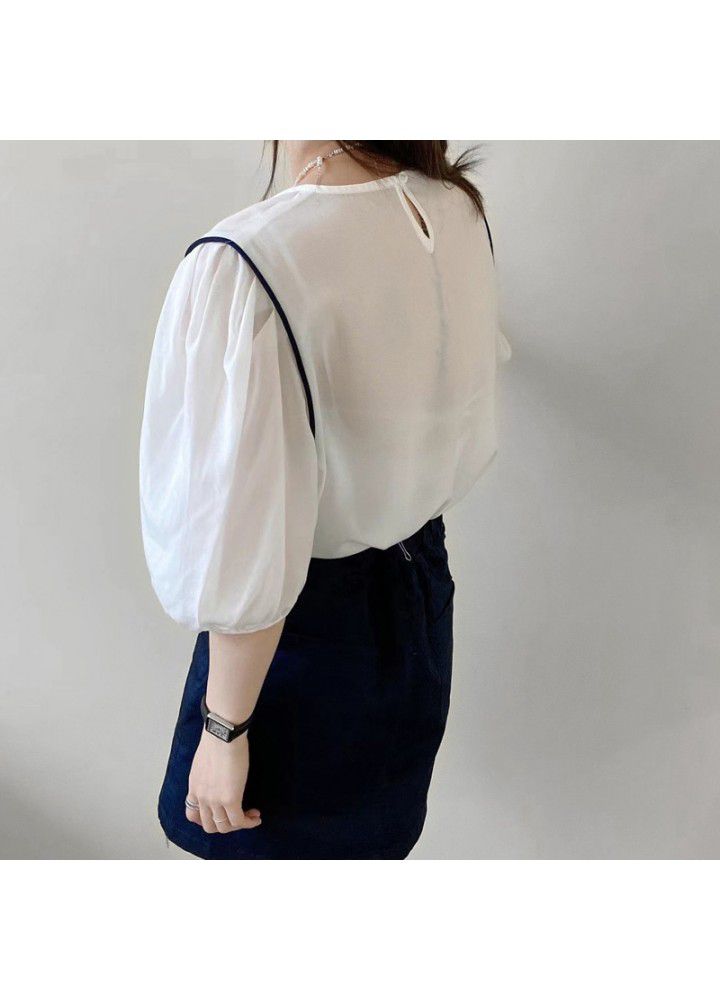 Women's cotton and hemp short sleeve shirt 2021 new Korean style bubble sleeve round neck Tencel hemp small top