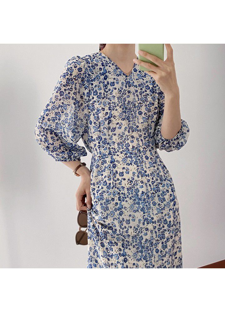 Zhicong dark blue fishtail floral dress women's 2021 summer French medium length V-neck skirt 775