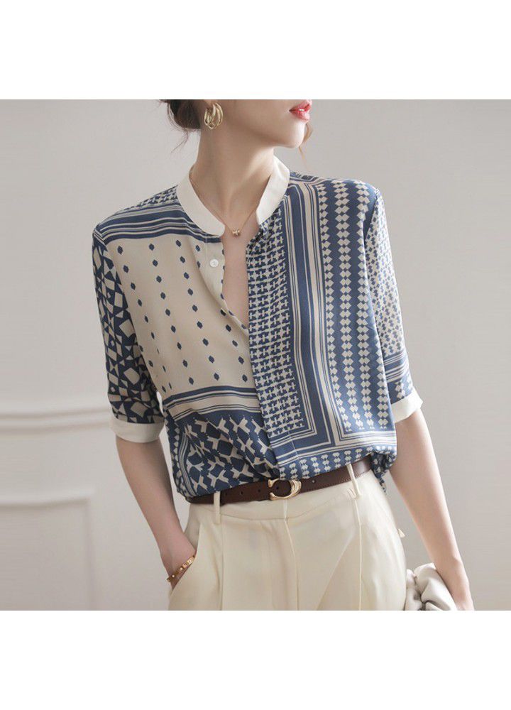 2021 summer new shirt women's middle sleeve stand collar retro Plaid stripe shirt design sense stitching temperament top