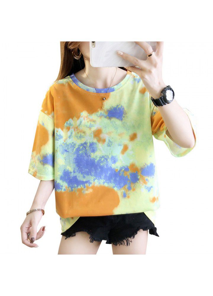 2021 tie dye ins short sleeve T-shirt women's Korean loose net Hong Kong Style strange smell body versatile half sleeve clothes fashion