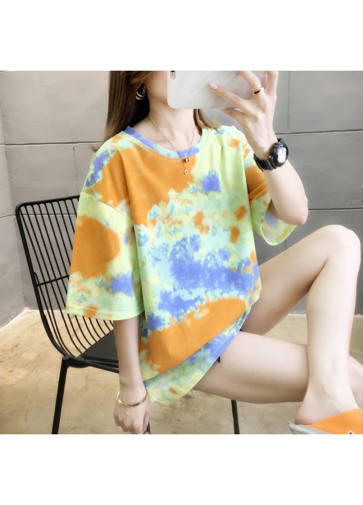 2021 tie dye ins short sleeve T-shirt women's Korean loose net Hong Kong Style strange smell body versatile half sleeve clothes fashion