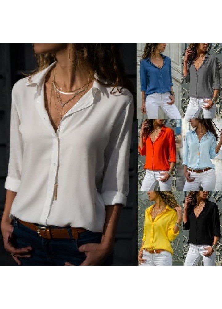 Cross border wish Amazon eBay European and American chiffon shirt women's shirt long sleeve deep V Lapel button shirt women's shirt