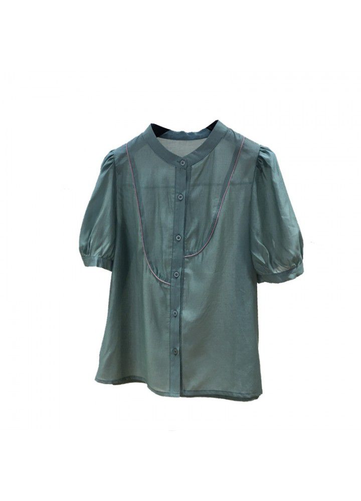 European goods 2021 summer new stand collar Short Sleeve Chiffon shirt women's top fashion small foreign style belly covering shirt