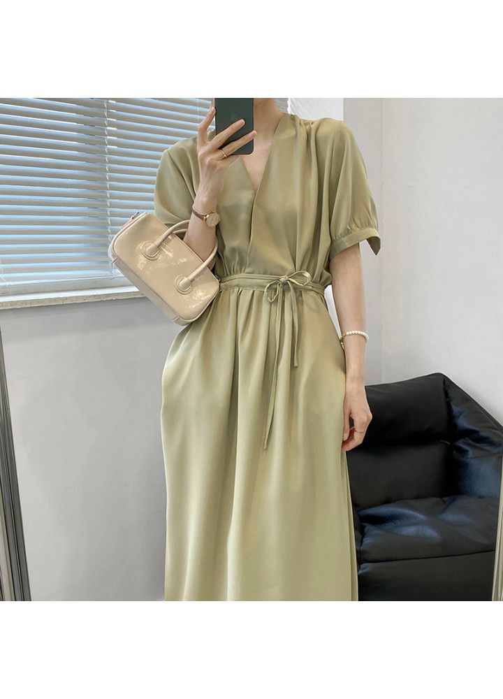 Taochuan French design retro bubble sleeve waist strap dress women's 2021 summer V-Neck long skirt 3377