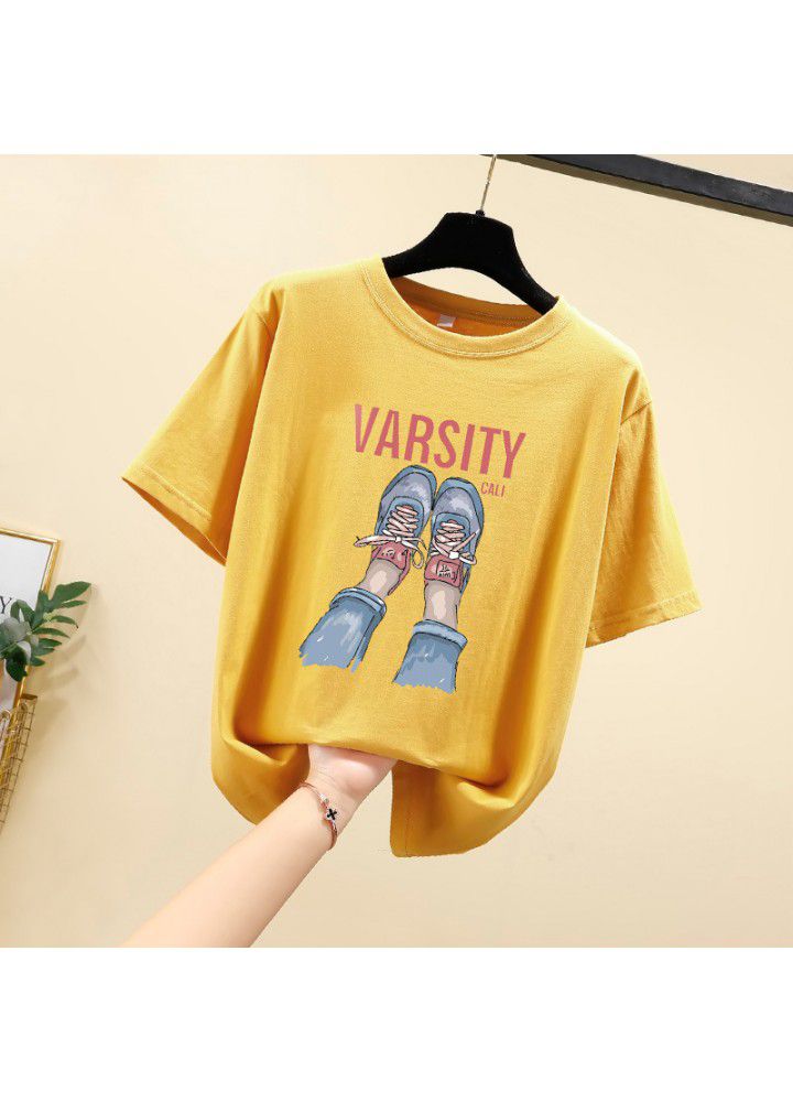 Pure cotton white short sleeve T-shirt women's ins foreign style BF loose and versatile Korean printed base shirt 2021 summer thin