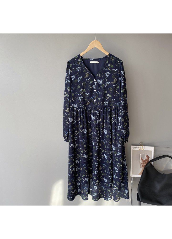 Zhicongxi retro floral medium length dress women's 2021 spring French gentle wind V-Neck long sleeve skirt 1913
