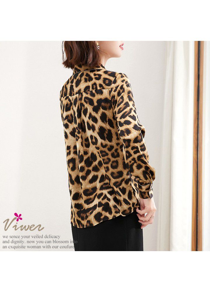 Leopard chiffon shirt long sleeve 2021 spring and autumn new Satin top slim with foreign style belly covering shirt