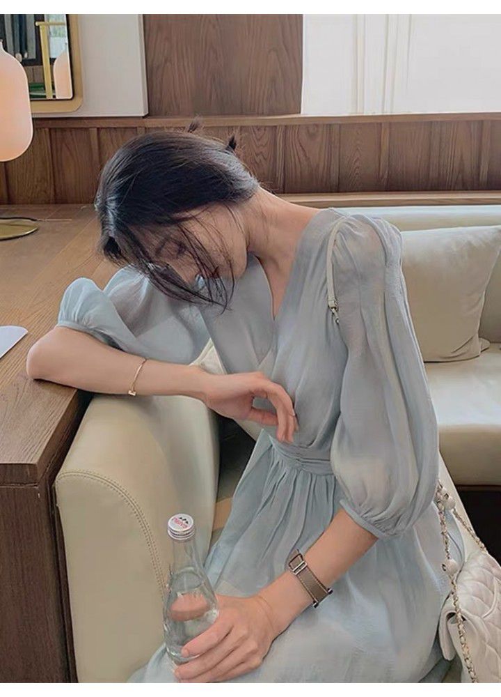 Summer 2021 new French gentleness tea break medium length blue chiffon dress Princess long skirt
