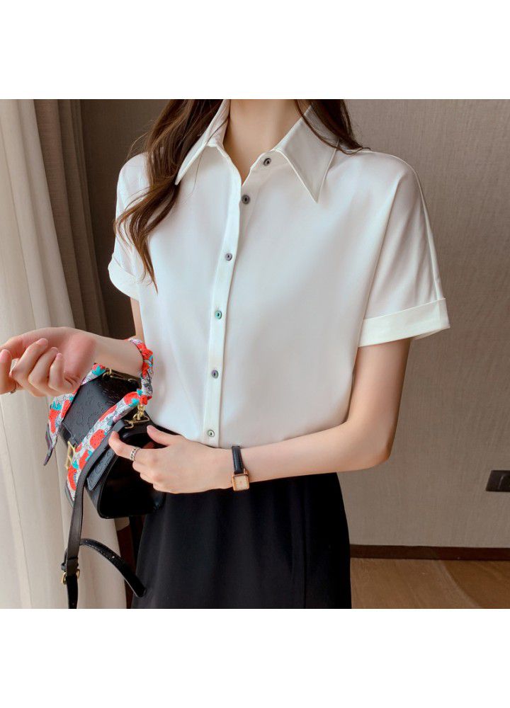 2021 summer new Satin short sleeve shirt female Hong Kong style student Polo professional temperament Satin top commuting slim fit