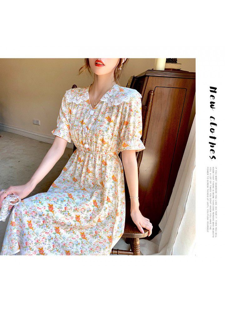 2021 new V-neck floral dress women's summer harvest waist shows thin temperament fairy skirt gentle wind stitching skirt