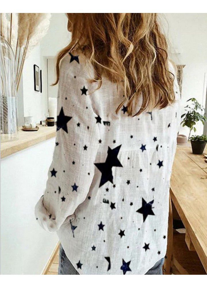 Amazon spring white Long Sleeve V-neck print casual chrysanthemum shirt top in 2020 European and American independent station