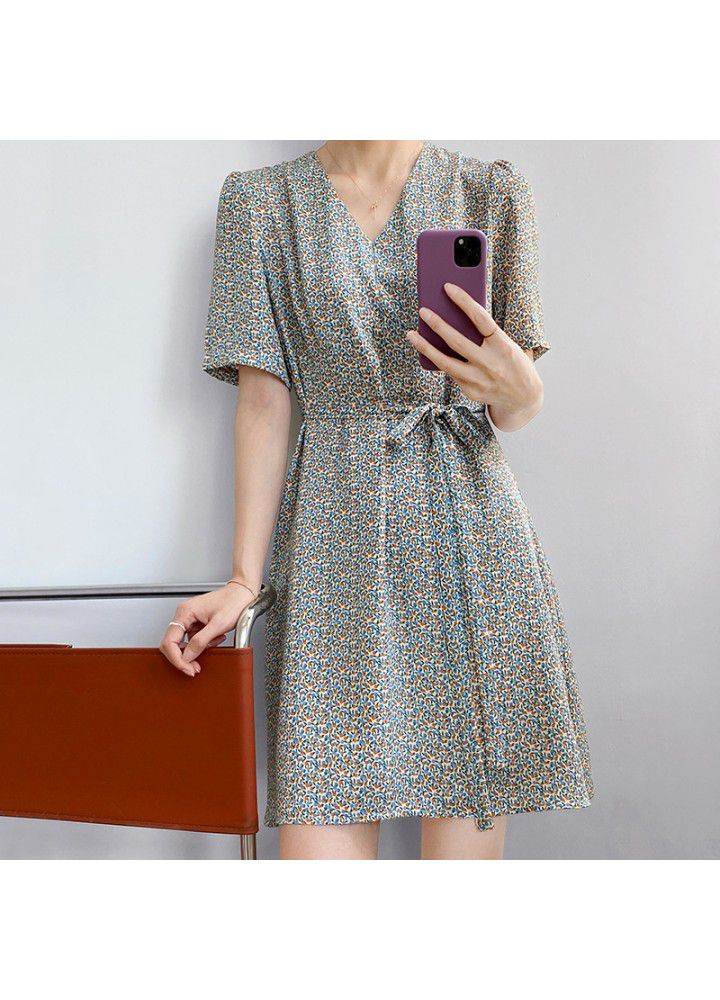 Taochuan French V-neck floral dress women's 2021 summer short sleeve bandage show slim short skirt 5133
