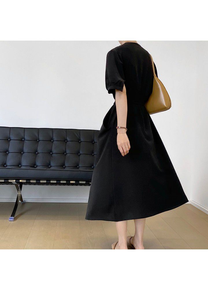 Taochuan French design retro bubble sleeve waist strap dress women's 2021 summer V-Neck long skirt 3377