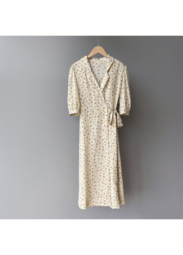 Taochuan French retro V-neck tea break skirt soft Chiffon floral dress women's 2021 summer long waist 3371