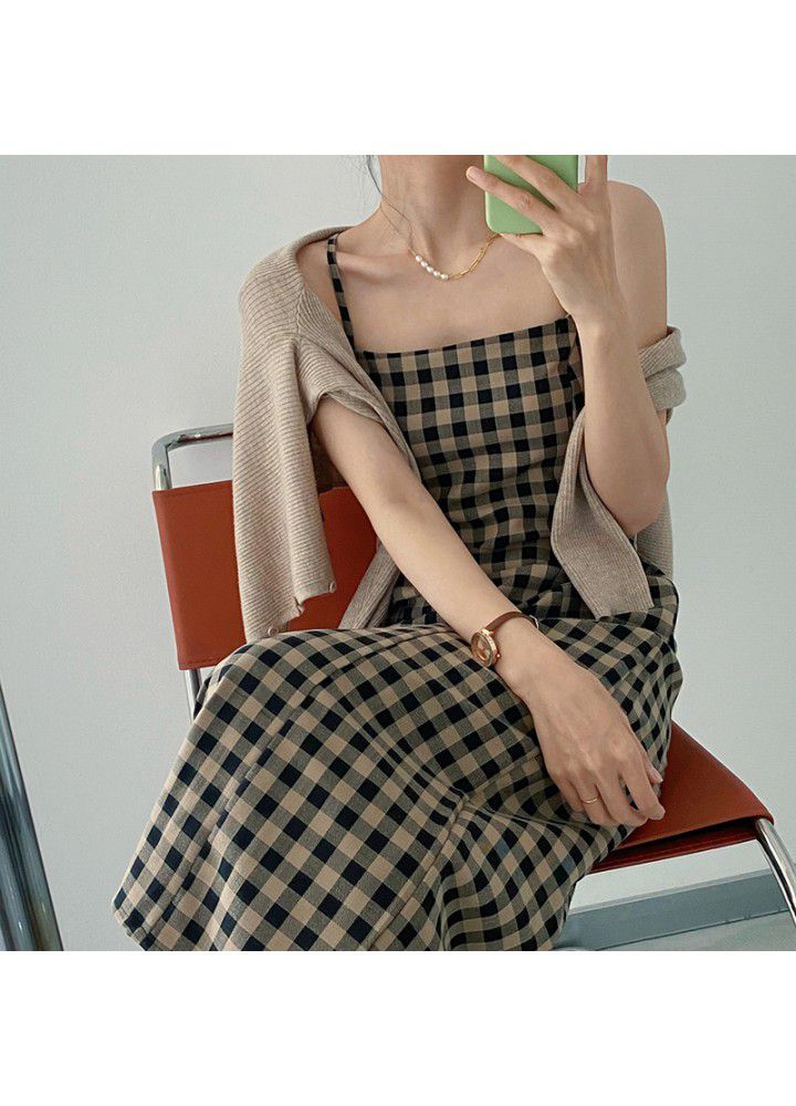 Zhicongxi retro Plaid suspender dress women's mid length 2021 spring and summer with split bottom skirt 3369