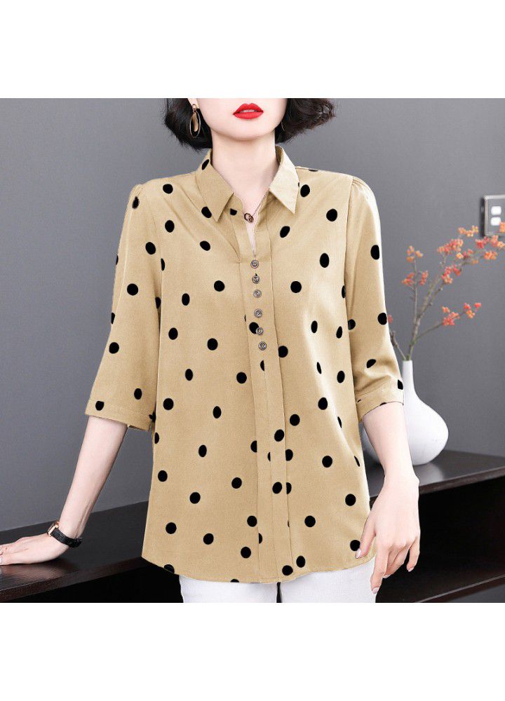 Wave point chiffon shirt women's 2021 new spring and summer middle aged mother's shirt medium sleeve top women's quarter sleeve