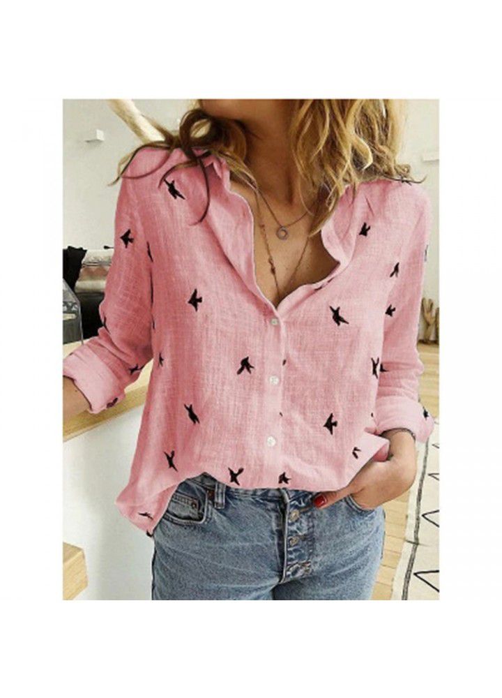 New express in autumn 2019 Amazon wish hot selling long sleeve shirt with loose button printing in Europe and America