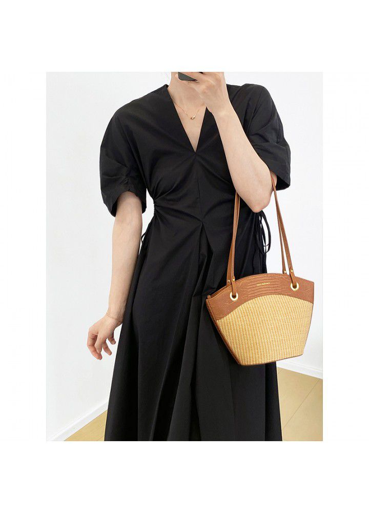 Taochuan Korean Hepburn drawstring open waist short sleeve dress women's summer design V-neck show thin temperament skirt 1963