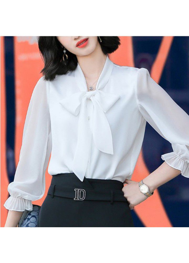 Black shirt women's spring design feeling bow Chiffon Shirt New 2021 Korean fashion summer