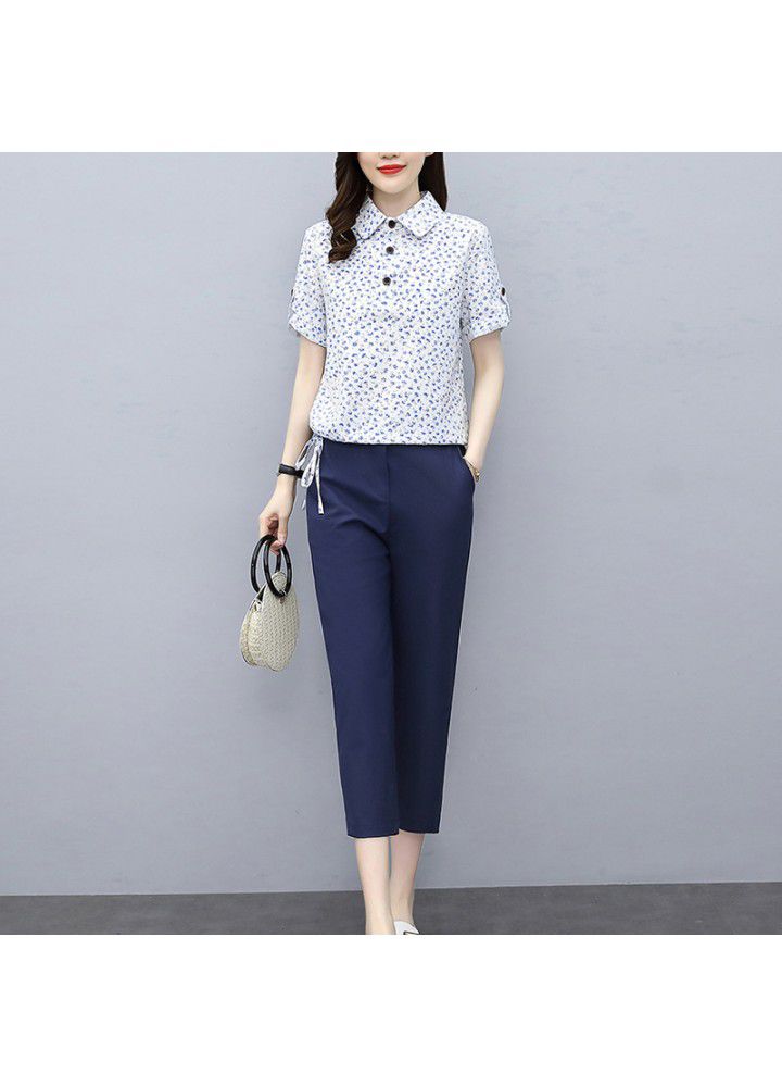 Fashion small floral short sleeve cotton linen suit women's 2021 summer new loose temperament two piece linen wide leg pants