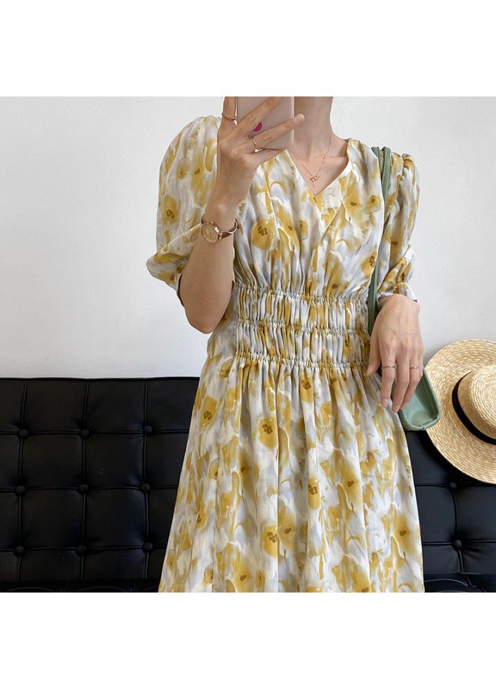 Taochuan gentle wind V-neck short sleeve floral dress women's summer 2021 waist fold French short skirt 5159