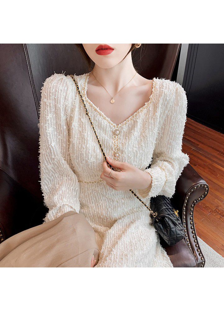 2021 spring dress new French small fragrance long sleeve dress femininity Lace Waist Skirt thin