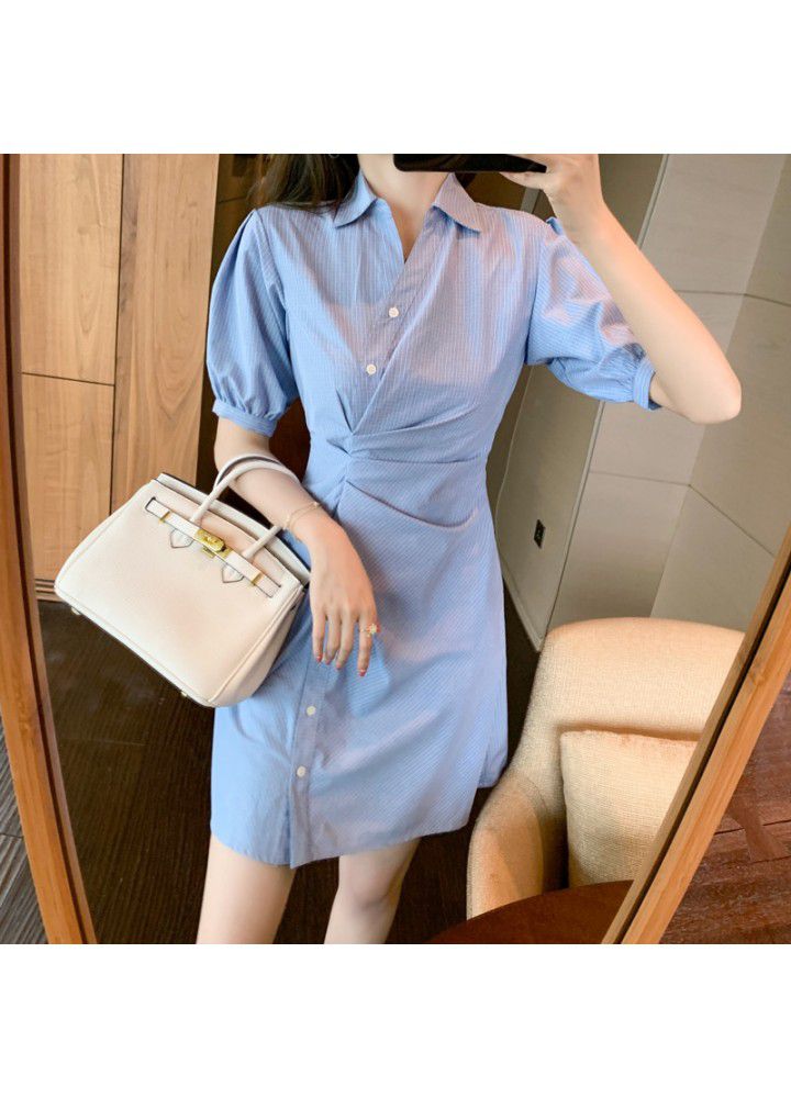 Temperament skirt children's summer 2021 new irregular Short Sleeve Chiffon Dress waist stripe shirt skirt
