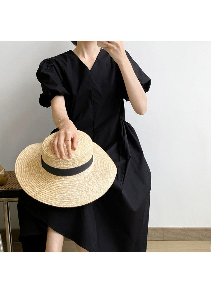 Taochuan solid color big pocket bubble sleeve dress women's summer 2021 new French V-neck loose swing dress 1953