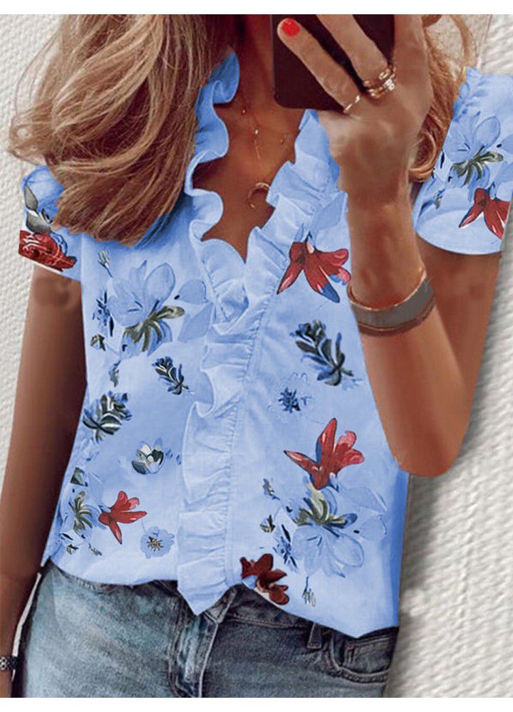 2020 summer new Amazon eBay express Europe and America flower printing Ruffle short sleeve shirt women's wear