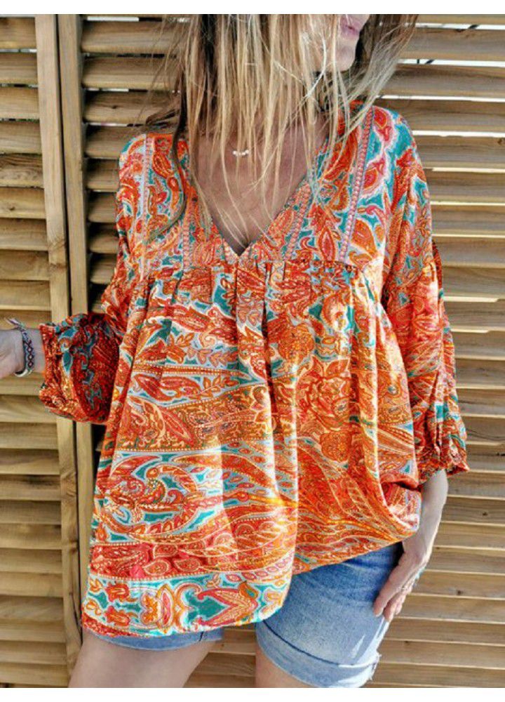 Autumn and winter 2020 new European and American Amazon foreign trade floral long sleeve T-shirt women's printed V-neck pleated top