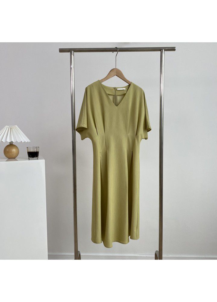 Zhicongxi 2021 summer new Korean French simple V-neck solid color dress women's mid length skirt 1825