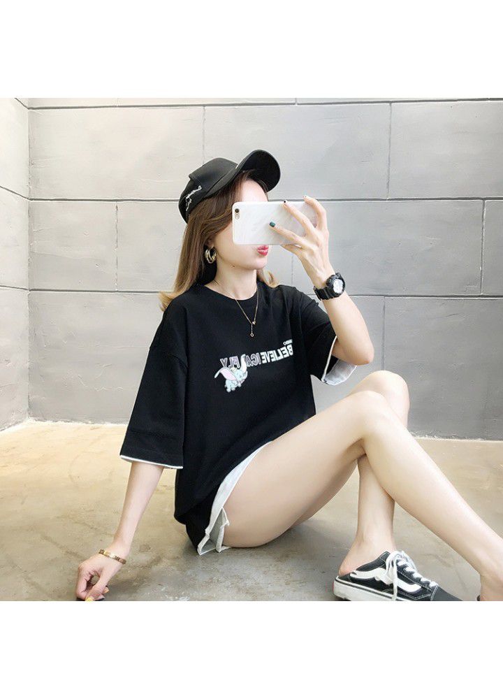 Black T-shirt women's short sleeve loose fitting half sleeve 2021 new Harajuku Hong Kong style simple fake two-piece top