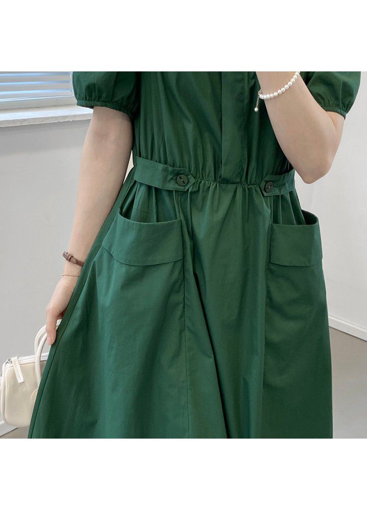Taochuan solid round neck bubble sleeve dress women's 2021 summer double pocket elastic waist bandage long skirt slim 8190