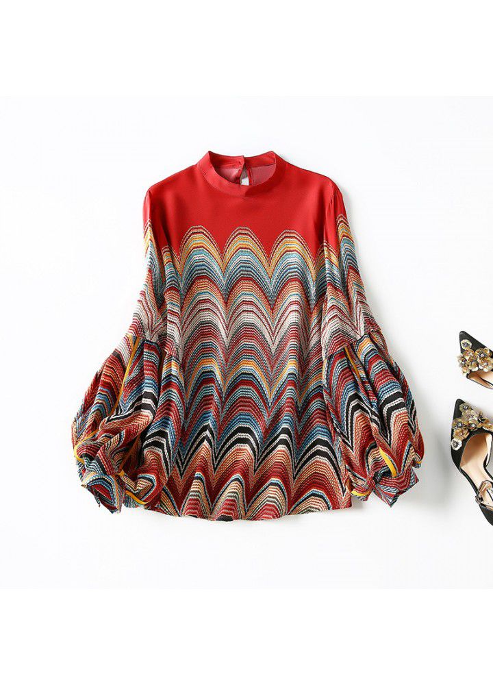 Temperament standing collar Lantern Sleeve color wave retro printing loose and thin shirt for women 2021 early spring