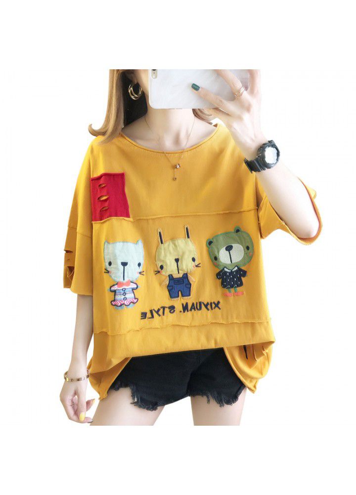 Large size short sleeve T-shirt women's loose 2021 new summer Korean women's dress fat mm foreign style thin cover belly top