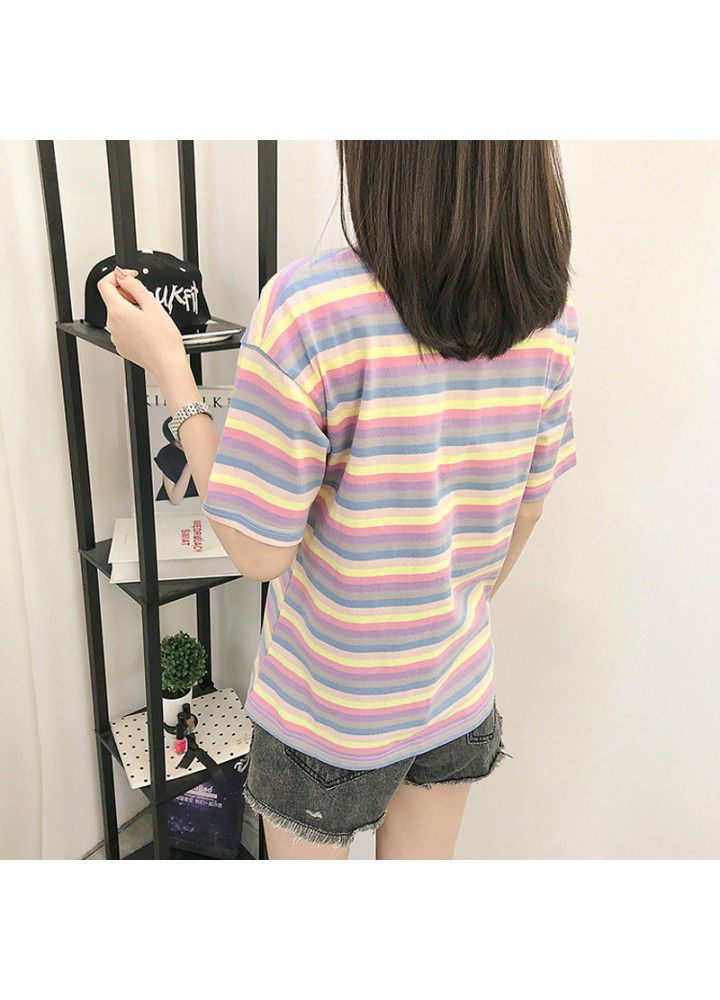 2021 summer new cotton letter printing Rainbow Flower stripe short sleeve t-shirt female round neck Hong Kong Style CEC fashion