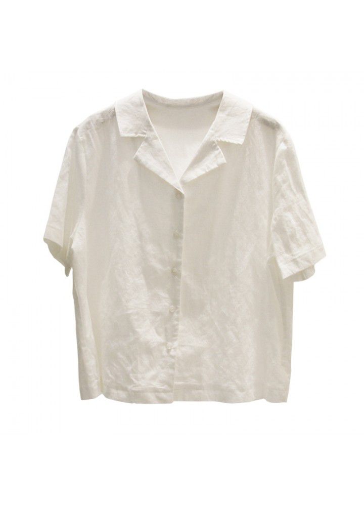 Short sleeve cotton and hemp shirt female 2021 summer thin shirt female small retro short white cardigan female