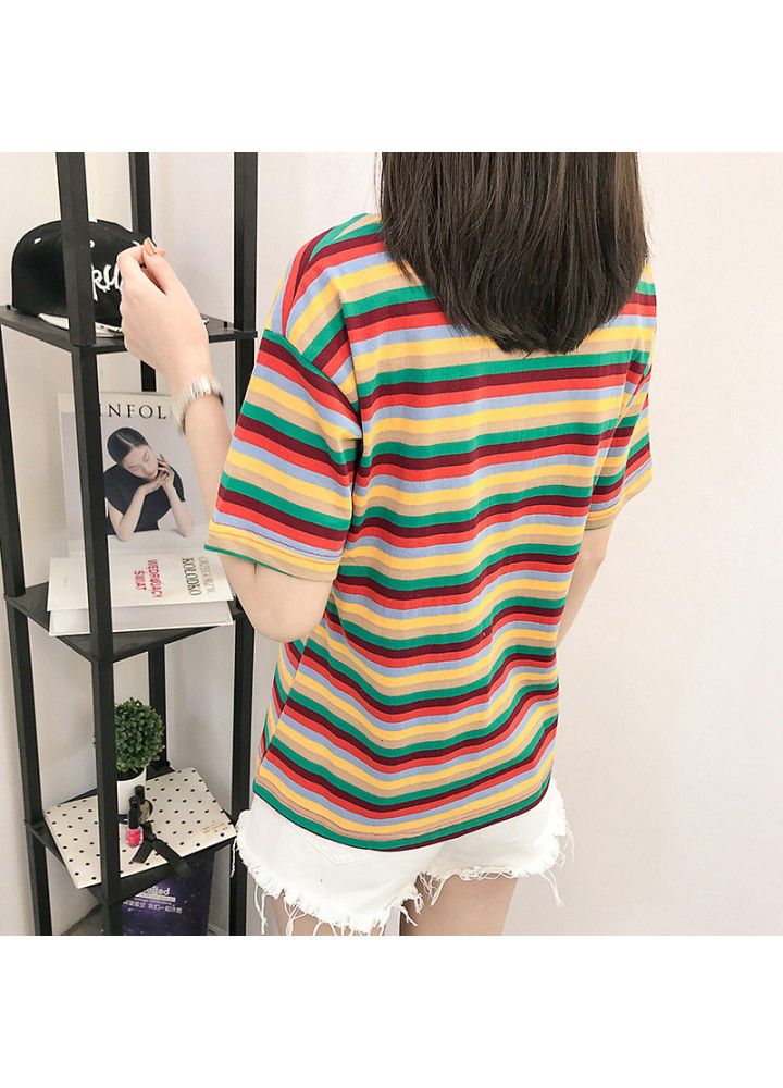 2021 summer new cotton letter printing Rainbow Flower stripe short sleeve t-shirt female round neck Hong Kong Style CEC fashion