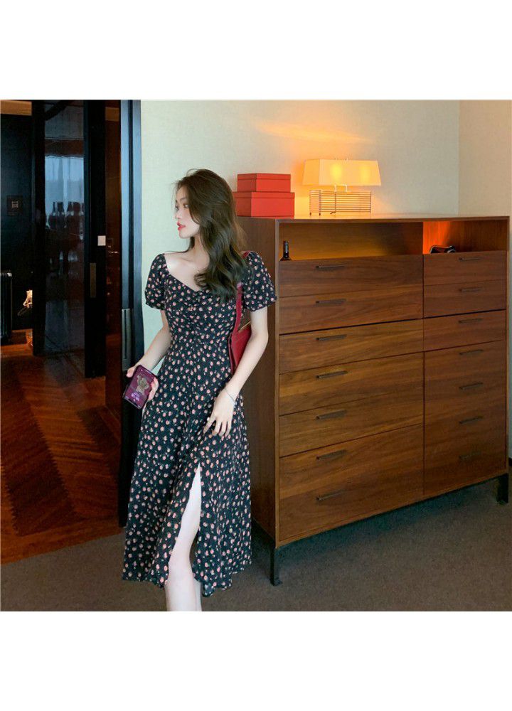 2021 new summer square necked French Floral Dress