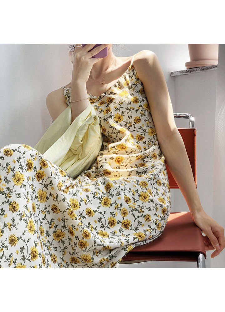 Taochuan yellow French floral suspender V-neck dress women's summer 2021 stem orange first love skirt medium length 780
