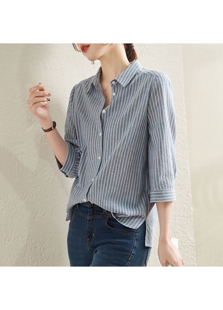 Blue Stripe Shirt female 2021 spring and summer new 7 / 3 sleeve fashion foreign style loose top shirt female design feeling