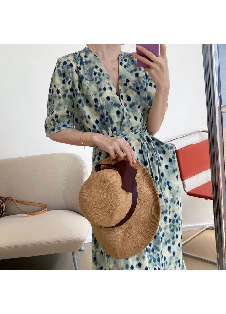 Taochuan waist V-neck short sleeve dress summer 2021 new loose halo dye temperament floral dress 3372