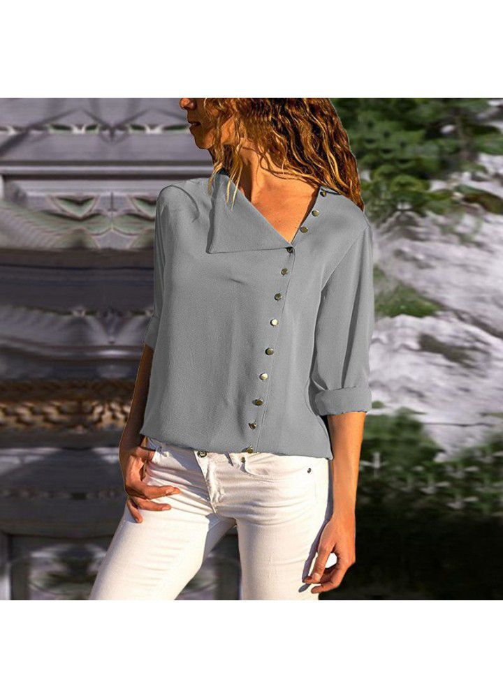 Cross border wish Amazon foreign trade spring and autumn European and American large women's wear slant collar women's shirt fashion long sleeve shirt